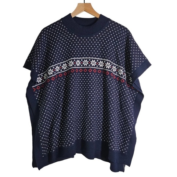 NEW Draper James Fair Isle Cape Poncho Sweater XS/S Nassau‎ Navy Blue Red NWT - Picture 2 of 10